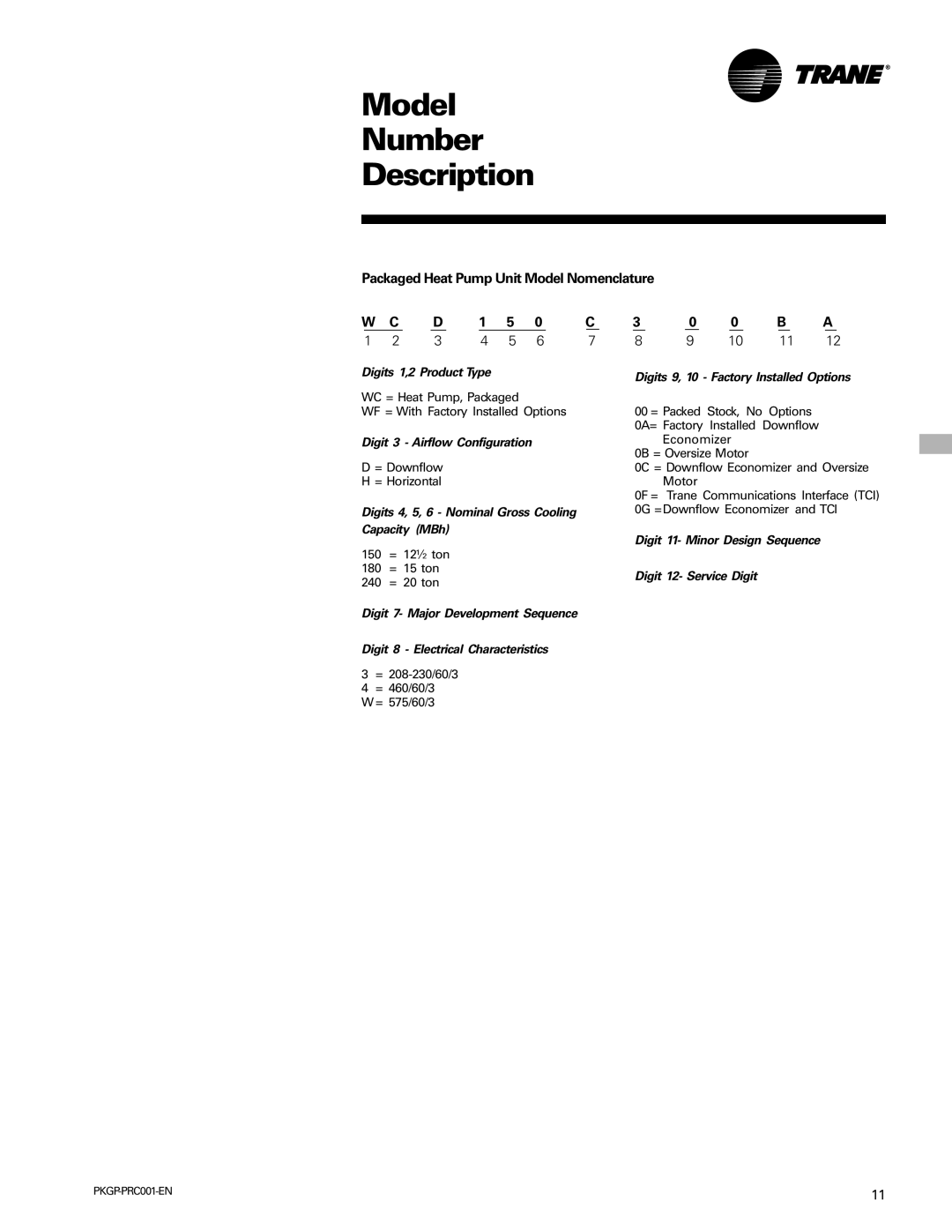 Trane PKGP-PRC001-EN manual Model Number Description, Digits 9, 10 Factory Installed Options, Capacity MBh 