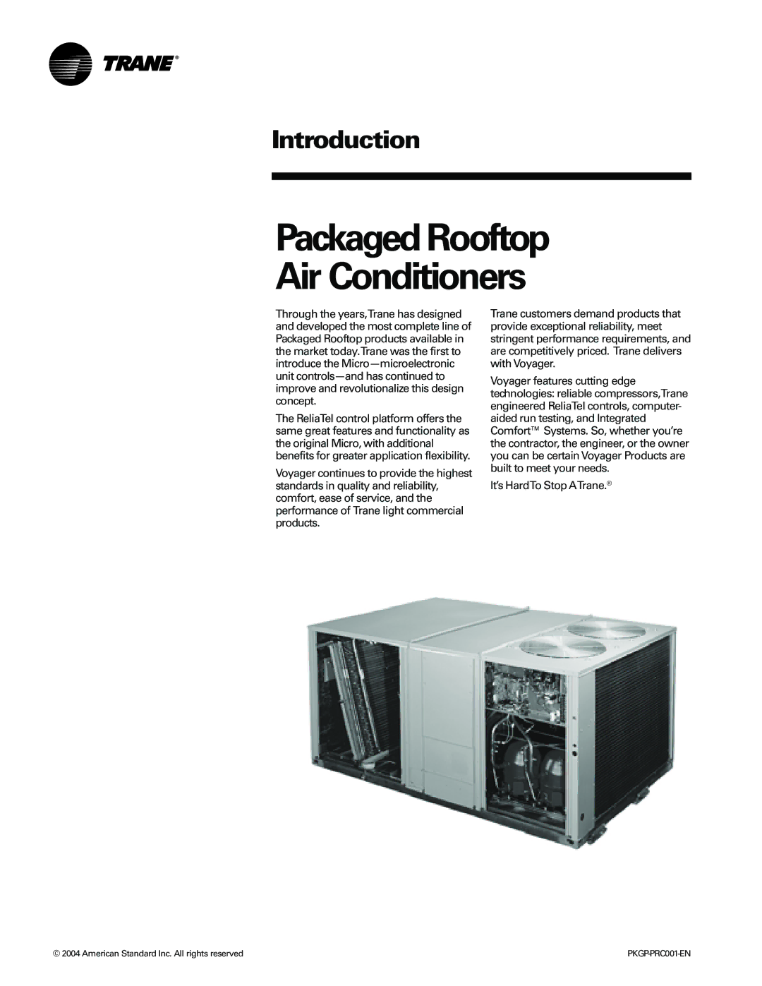 Trane PKGP-PRC001-EN manual Packaged Rooftop Air Conditioners, Introduction 