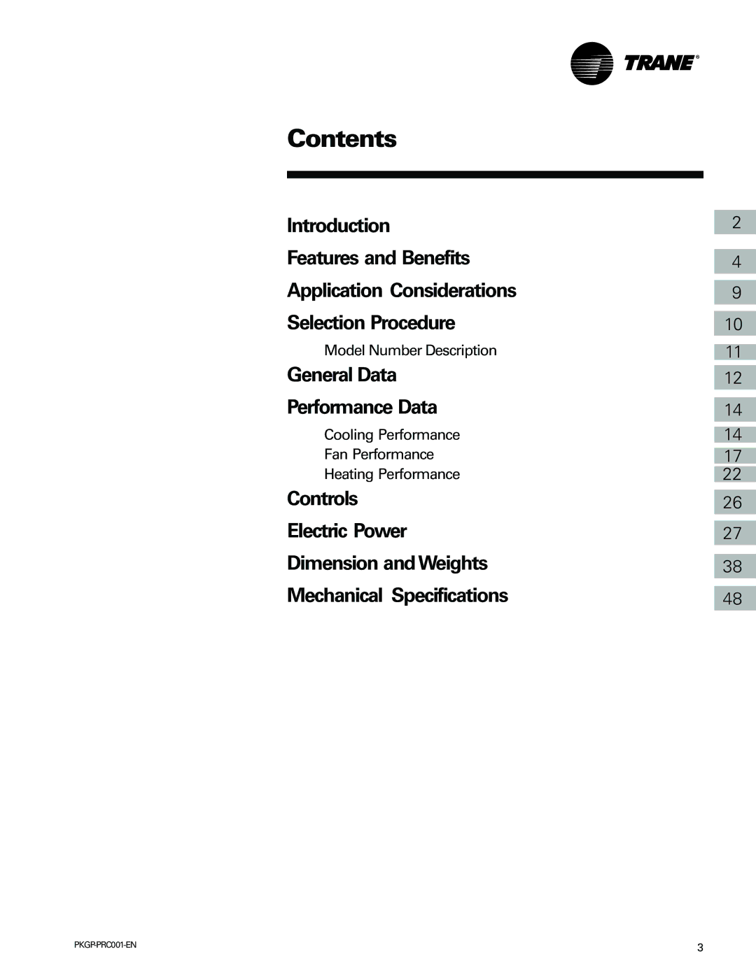 Trane PKGP-PRC001-EN manual Contents 