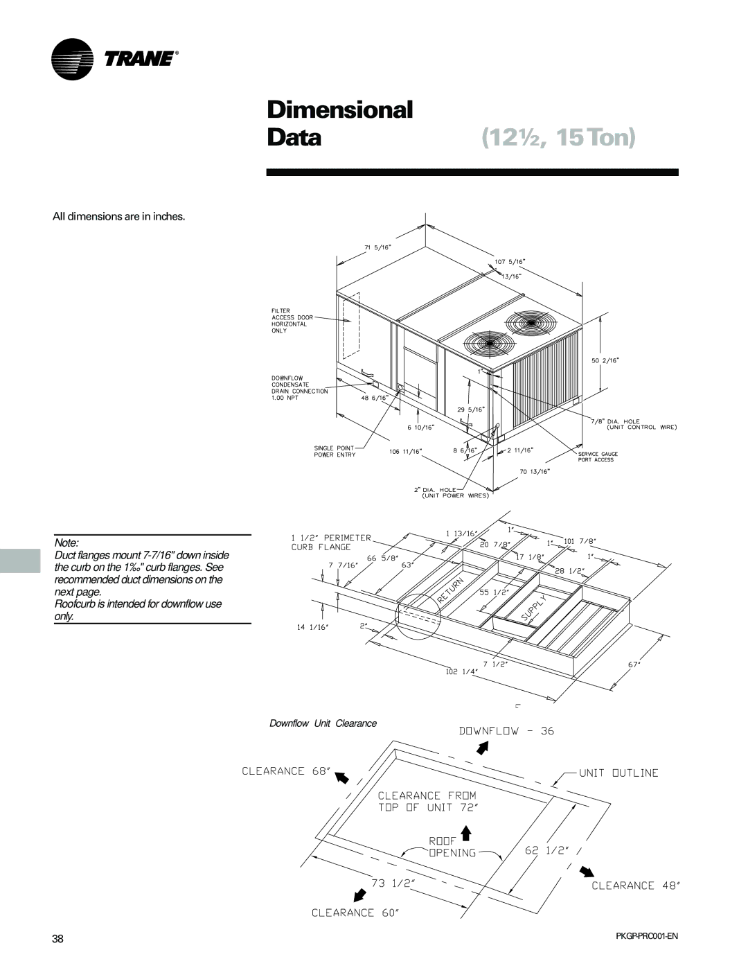 Trane PKGP-PRC001-EN manual Dimensional Data, 12½, 15Ton, Downflow Unit Clearance 