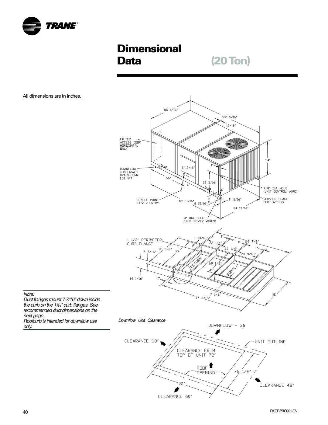 Trane PKGP-PRC001-EN manual Dimensional, Data20Ton 