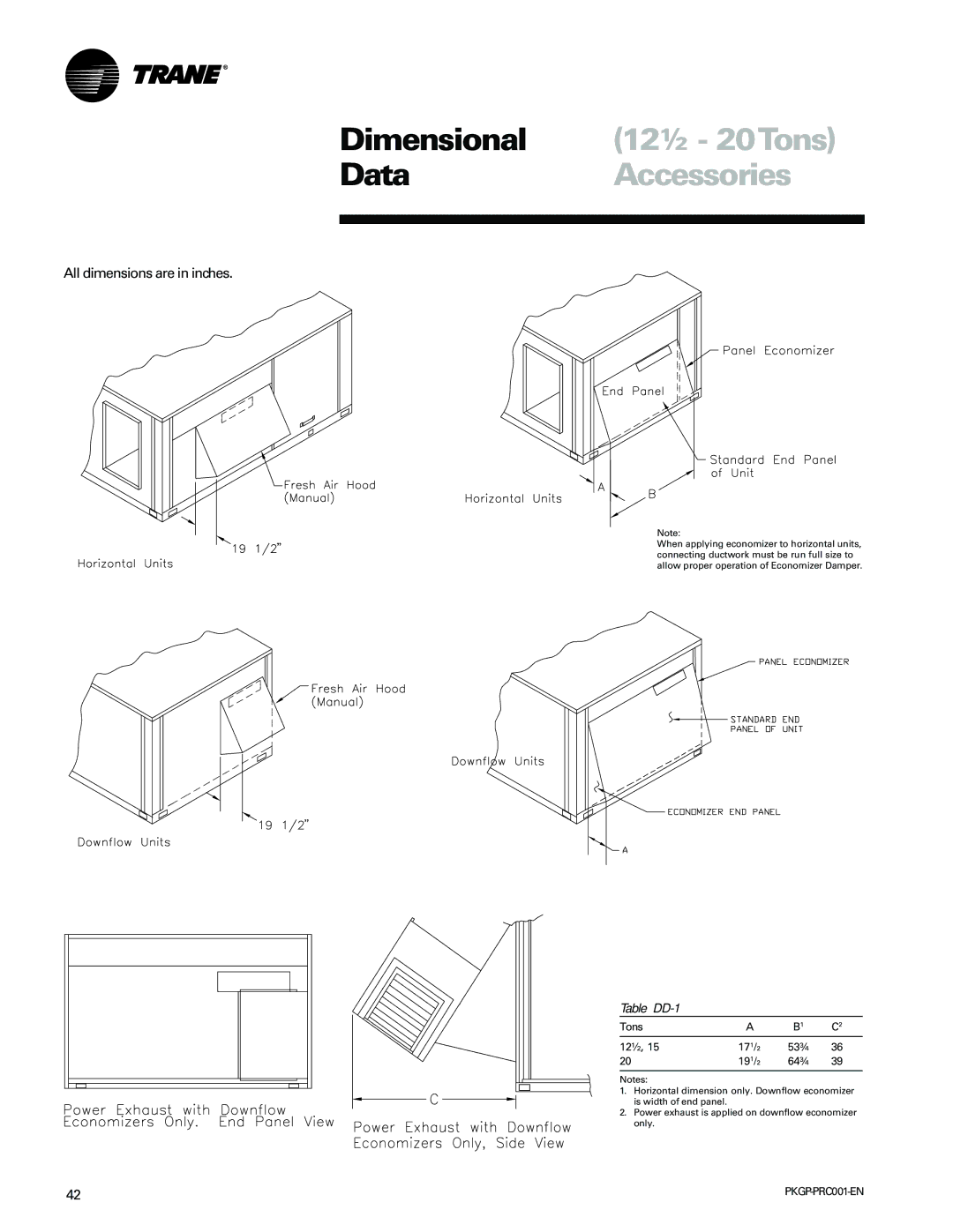 Trane PKGP-PRC001-EN manual Dimensional 12½ 20Tons DataAccessories, Table DD-1 