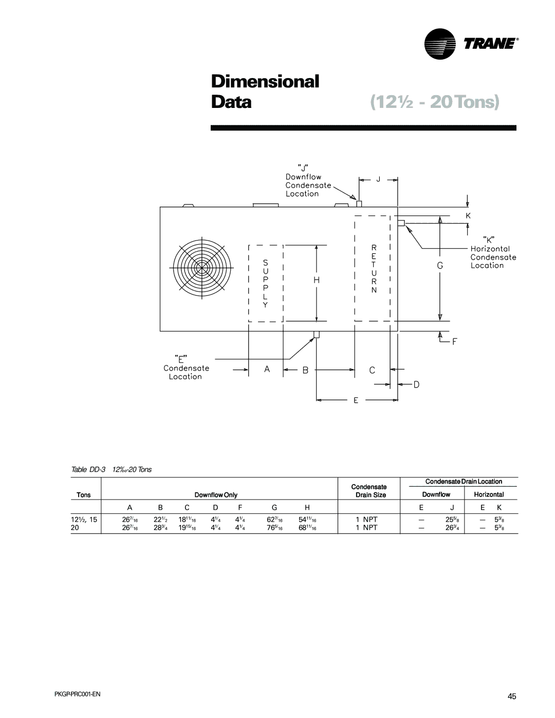 Trane PKGP-PRC001-EN manual Data12½ 20Tons, Table DD-3 12½-20 Tons 