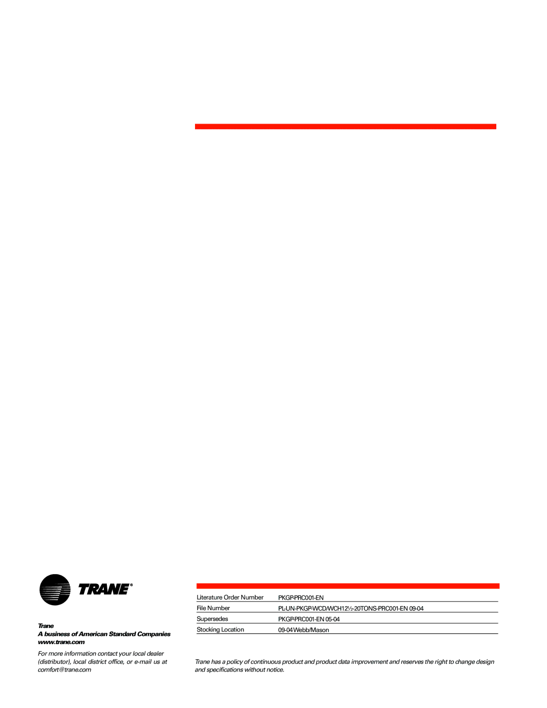 Trane PKGP-PRC001-EN manual Trane 