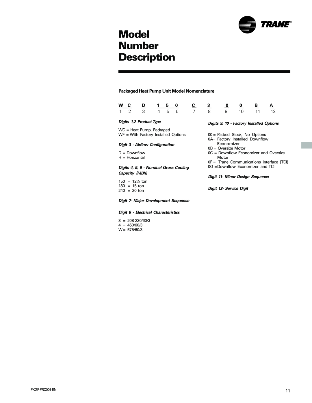 Trane PKGP-PRC001-EN manual Model Number Description 