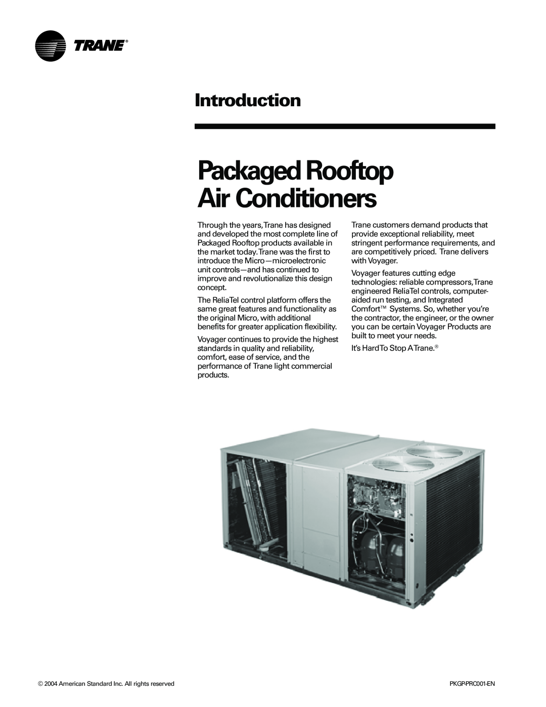 Trane PKGP-PRC001-EN manual Introduction, Packaged Rooftop Air Conditioners 