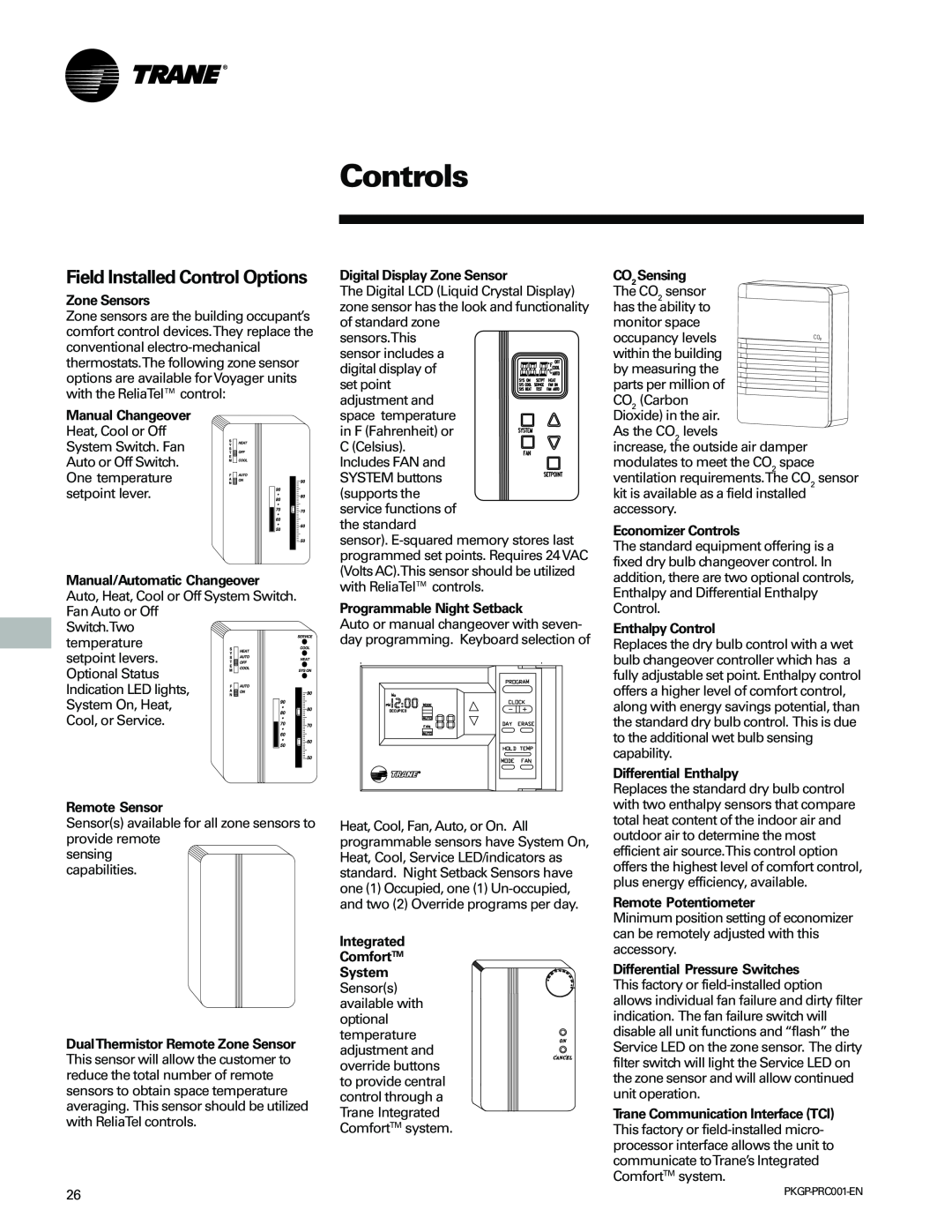 Trane PKGP-PRC001-EN manual Controls, Field Installed Control Options 