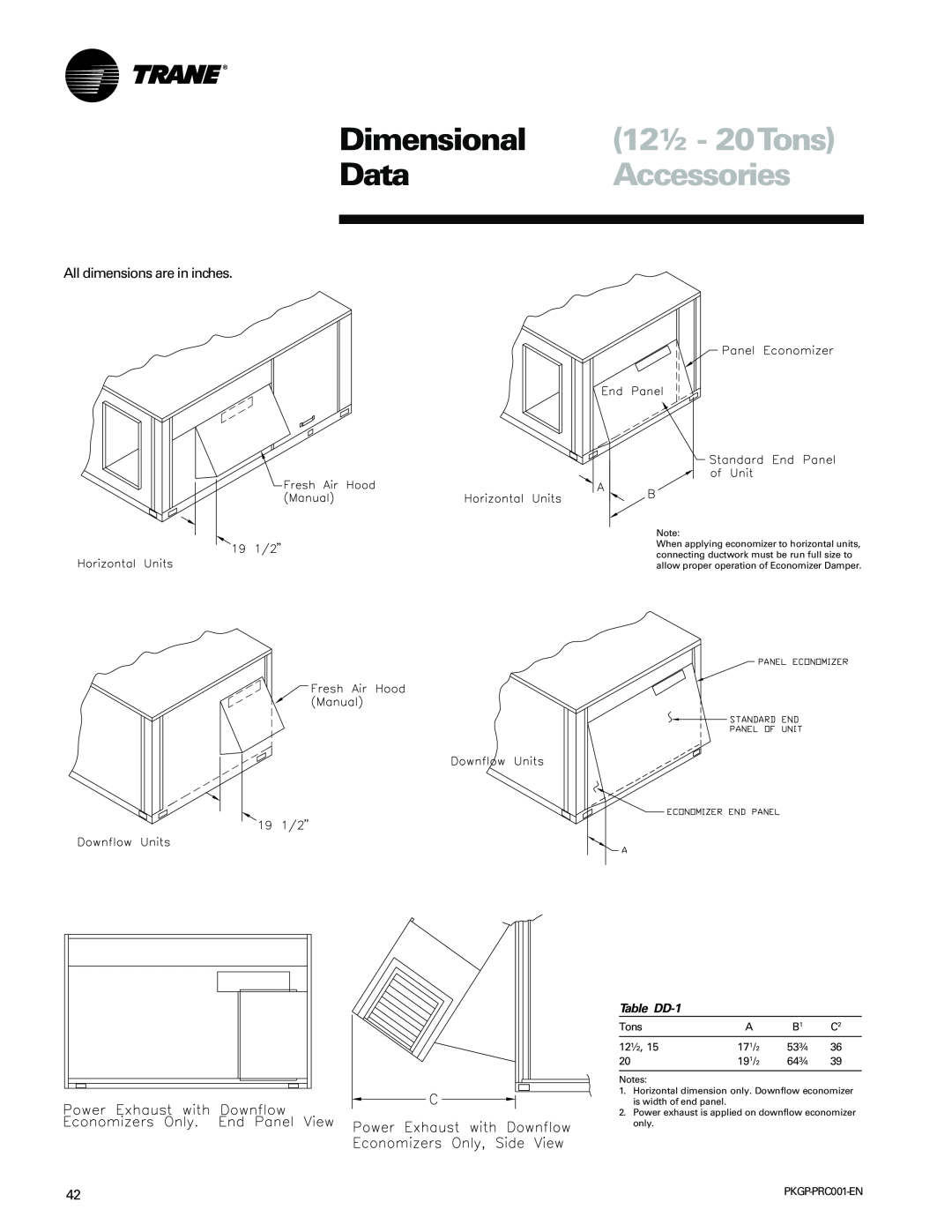 Trane PKGP-PRC001-EN manual Dimensional 12½ - 20Tons DataAccessories, Table DD-1 