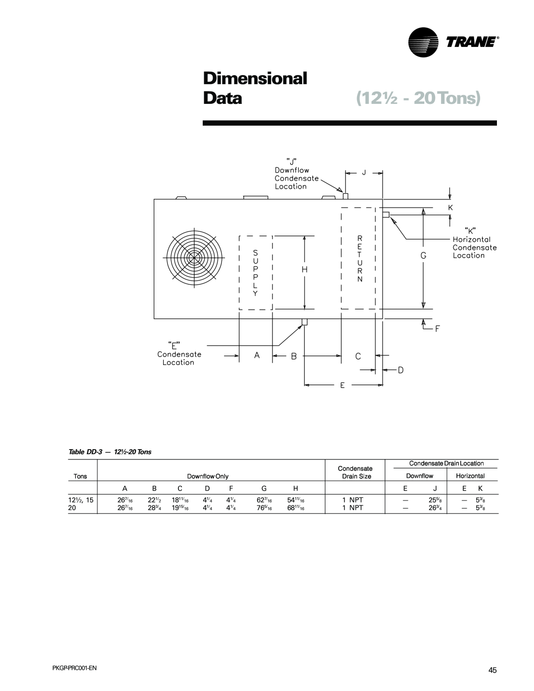 Trane PKGP-PRC001-EN manual Dimensional, Data12½ - 20Tons, Table DD-3- 12½-20Tons 