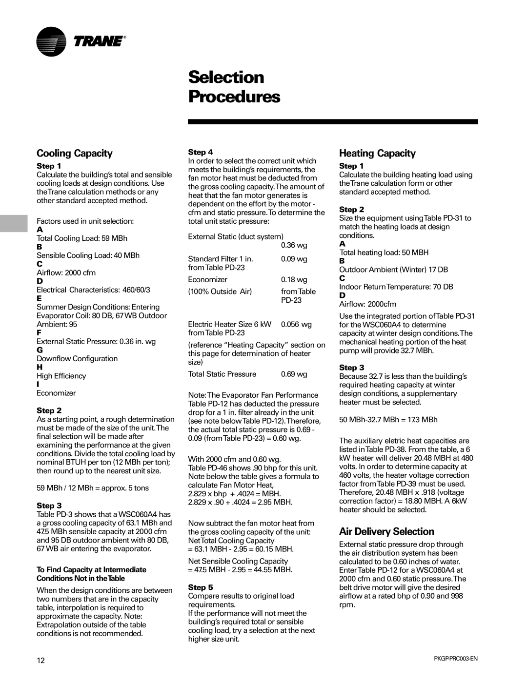 Trane PKGP-PRC003-EN manual Cooling Capacity, Heating Capacity, Air Delivery Selection, Step 