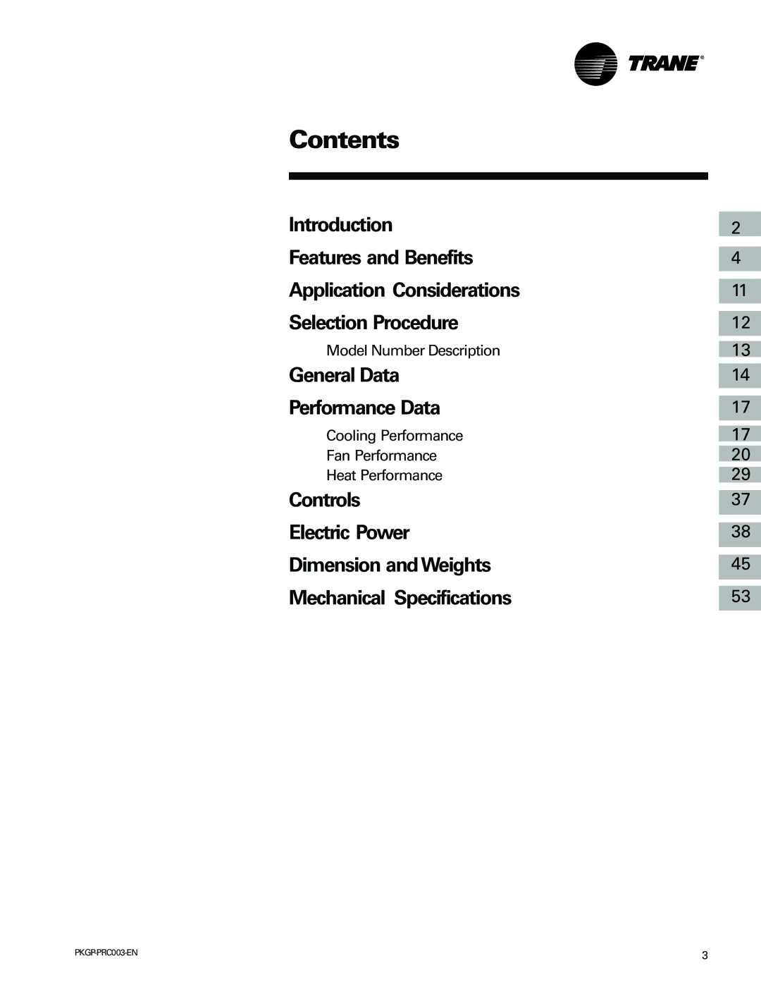 Trane PKGP-PRC003-EN manual Contents 
