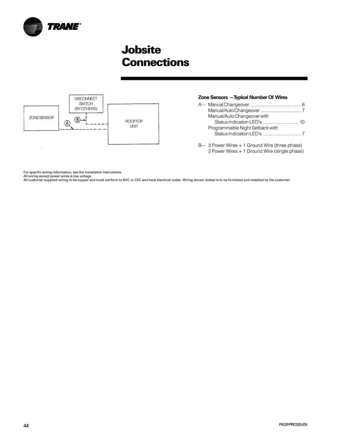 Trane PKGP-PRC003-EN manual Jobsite Connections, Zone Sensors -Typical Number Of Wires 