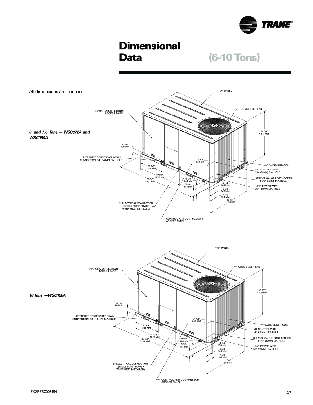 Trane PKGP-PRC003-EN manual Dimensional Data, 7½ Tons WSC072A and WSC090A Tons -WSC120A 