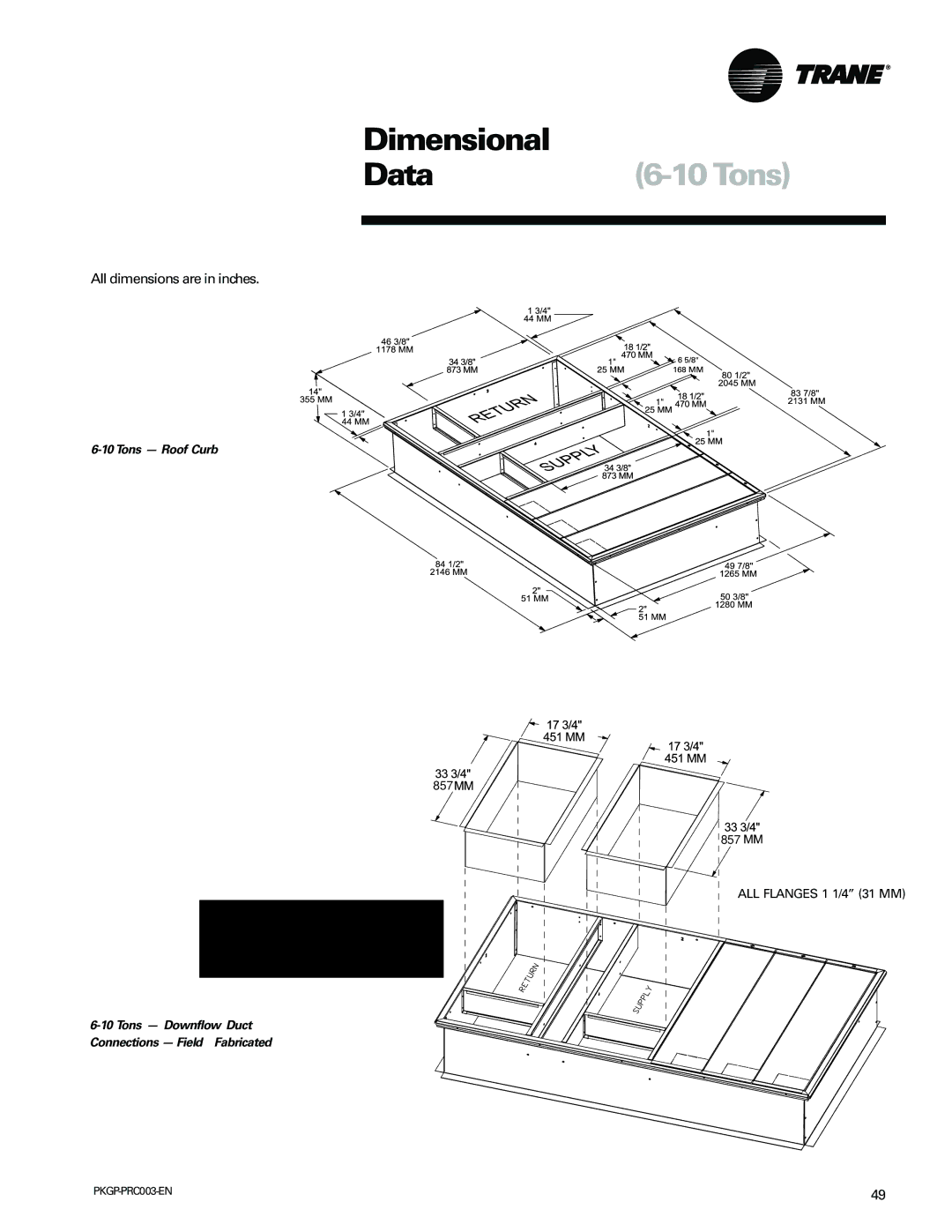 Trane PKGP-PRC003-EN manual Tons Roof Curb, Tons Downflow Duct Connections Field Fabricated 