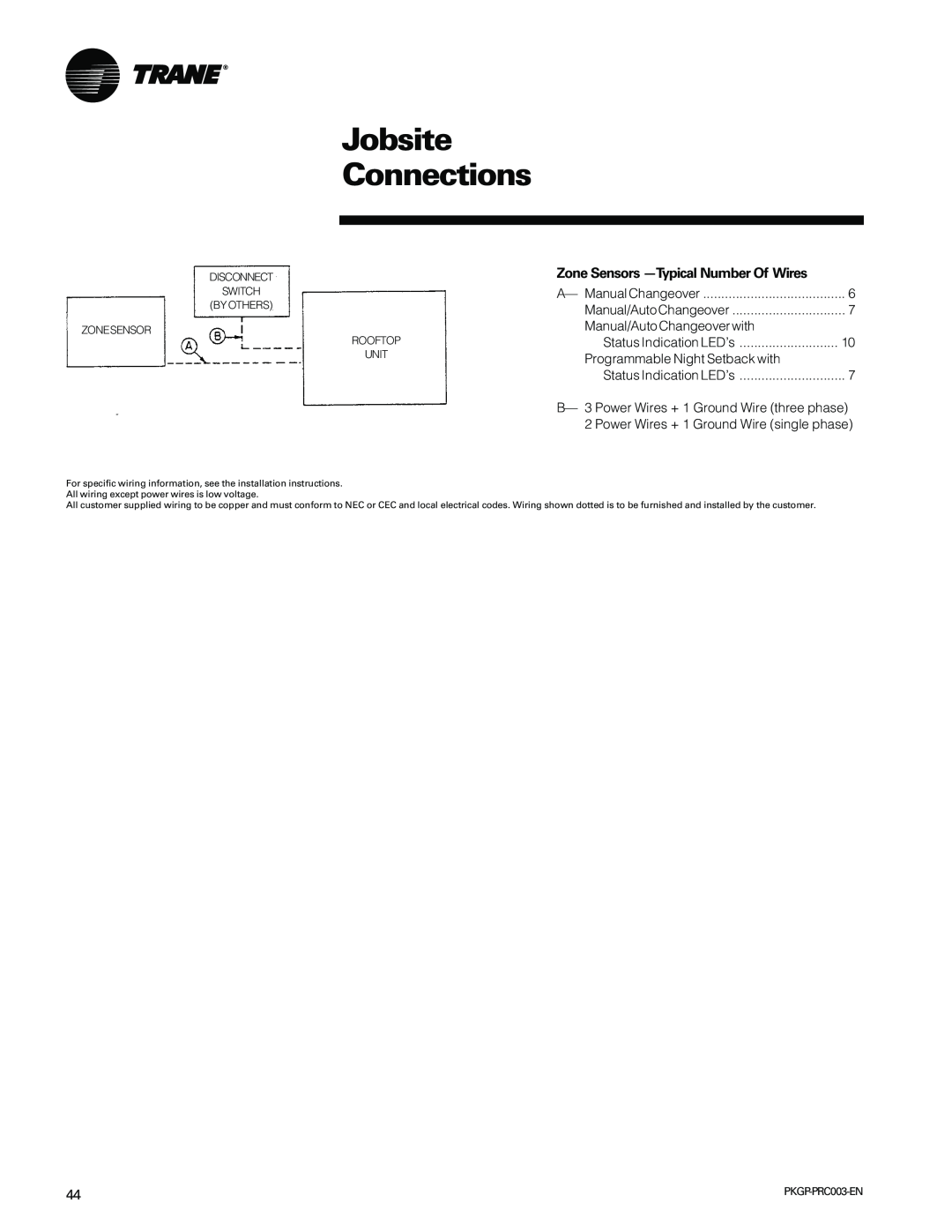 Trane PKGP-PRC003-EN manual Jobsite Connections, Zone Sensors -TypicalNumber Of Wires 