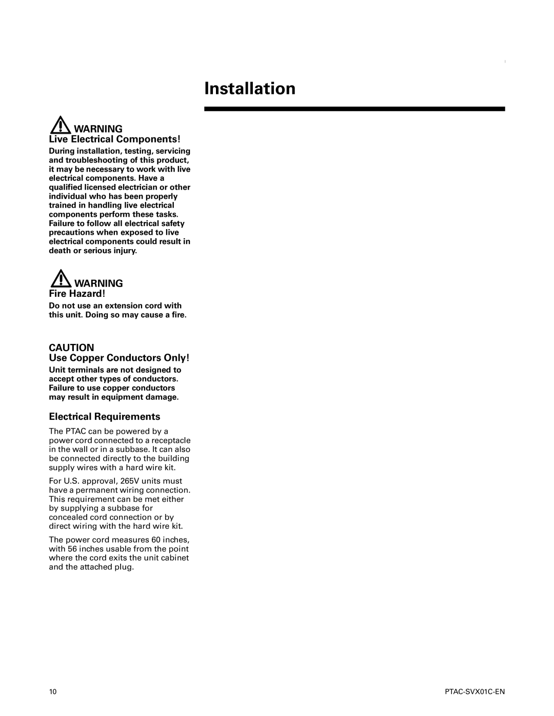 Trane PTAC-SVX01C-EN manual Installation, Live Electrical Components, Electrical Requirements 