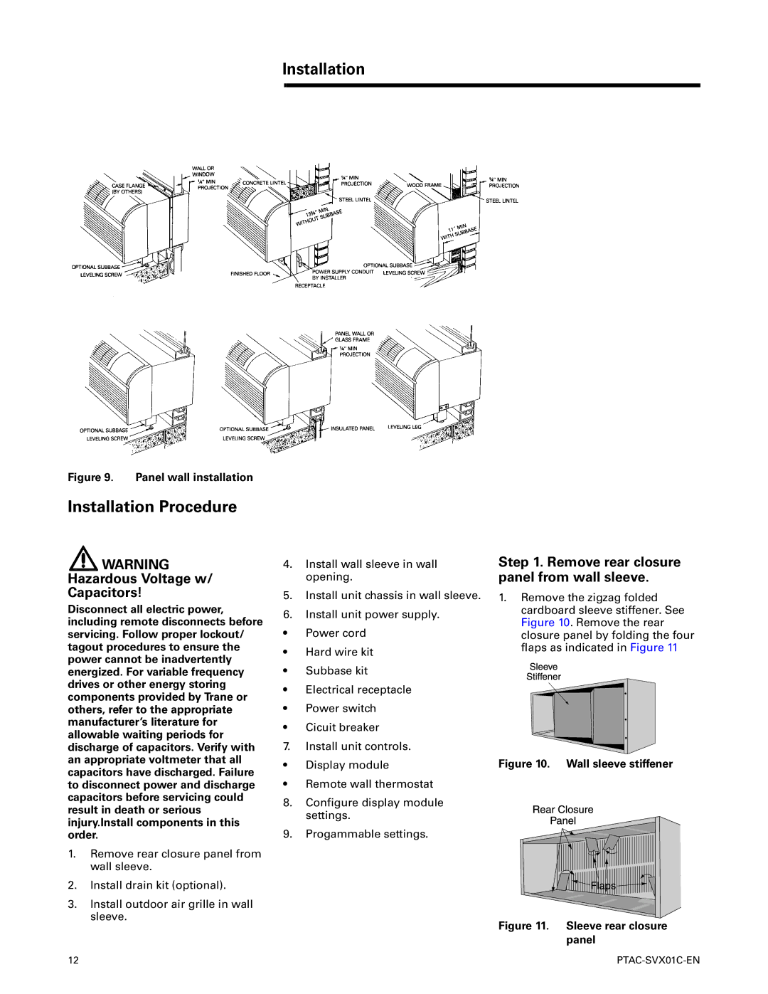 Trane PTAC-SVX01C-EN Installation Procedure, Remove rear closure, Hazardous Voltage w, Panel from wall sleeve, Capacitors 