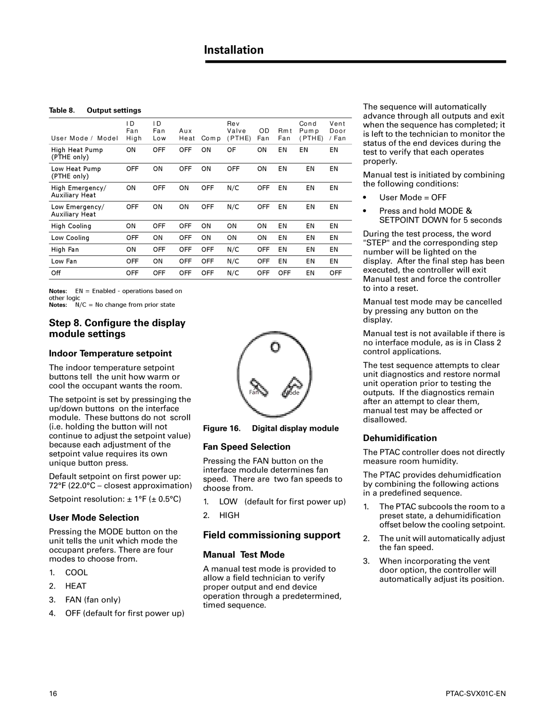 Trane PTAC-SVX01C-EN manual Configure the display module settings, Field commissioning support, Output settings 