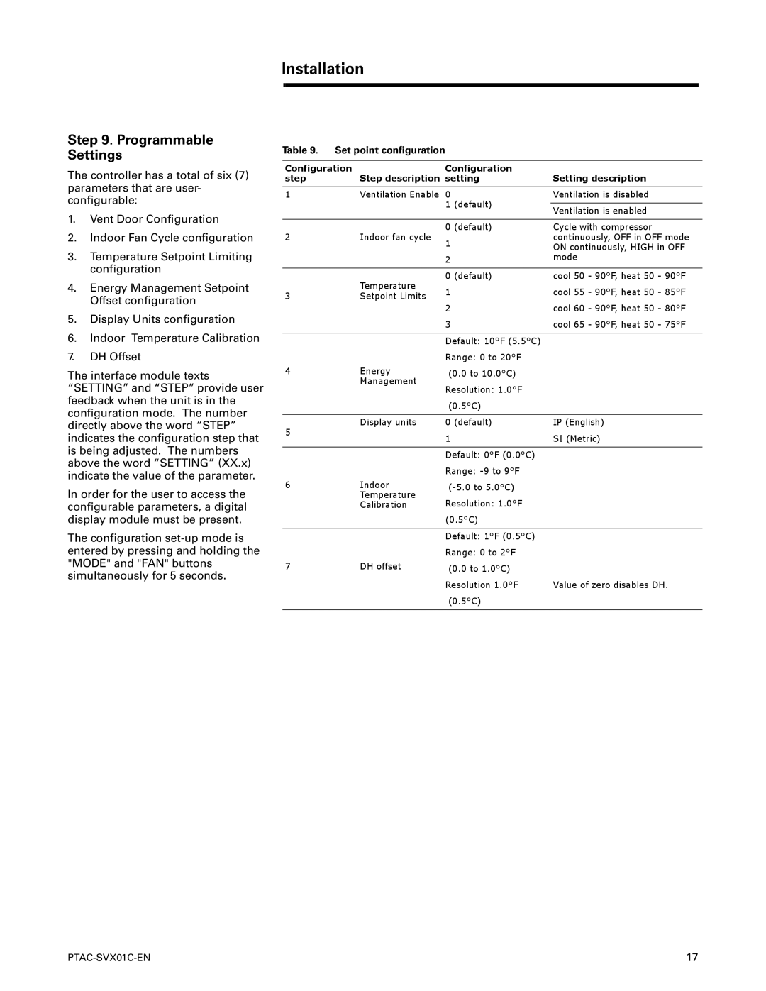 Trane PTAC-SVX01C-EN manual Programmable Settings, Set point configuration 