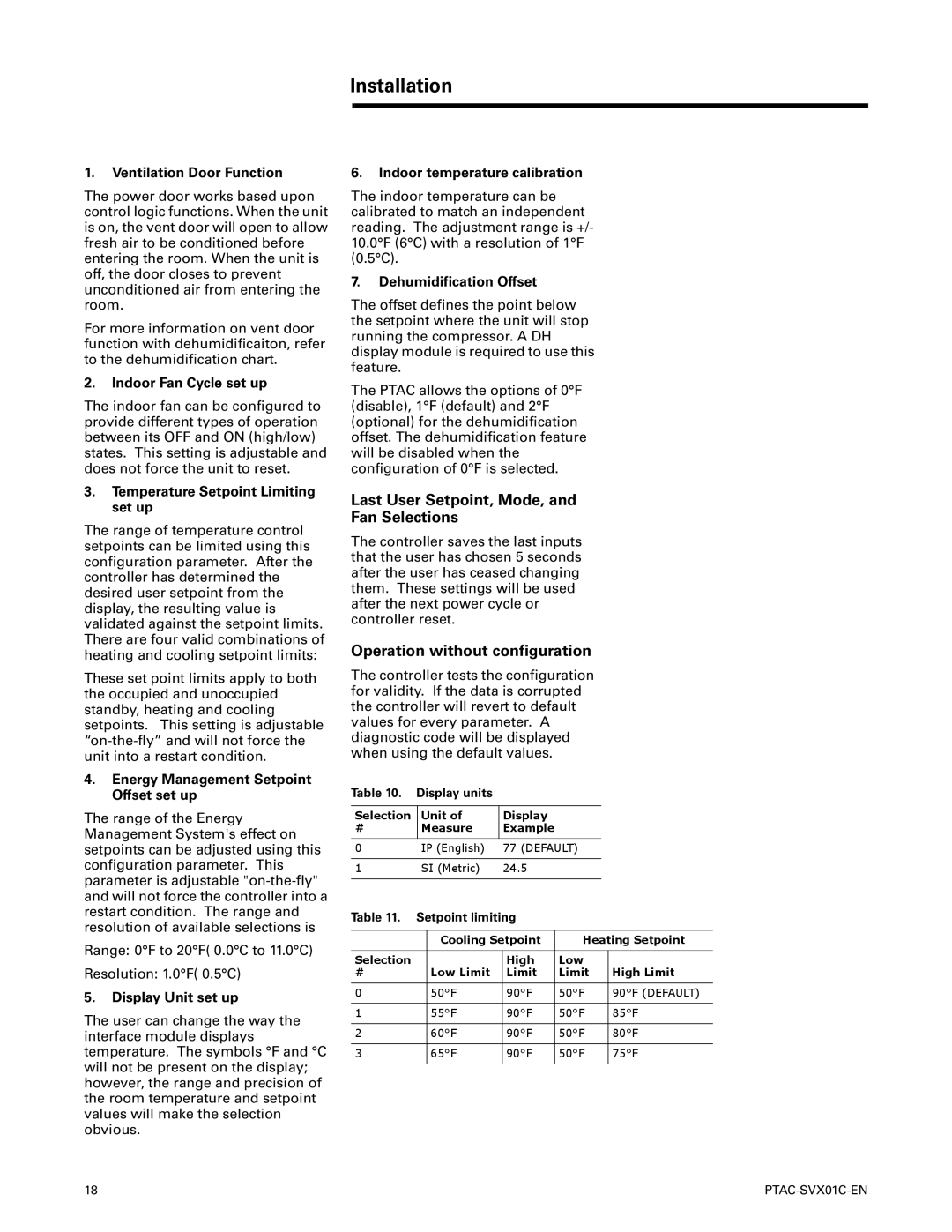 Trane PTAC-SVX01C-EN manual Display units, Setpoint limiting, Selection Unit Display Measure Example IP English, SI Metric 