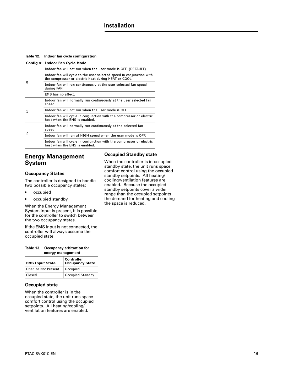 Trane PTAC-SVX01C-EN Energy Management System, Indoor fan cycle configuration, Occupancy arbitration for energy management 