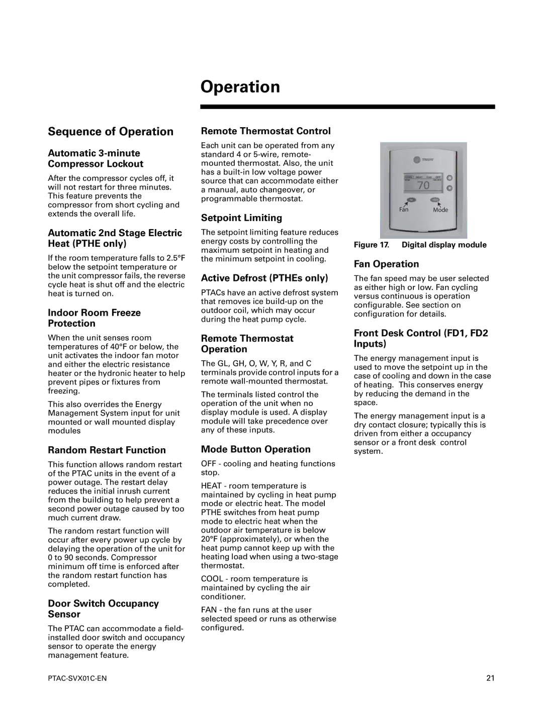 Trane PTAC-SVX01C-EN manual Sequence of Operation 