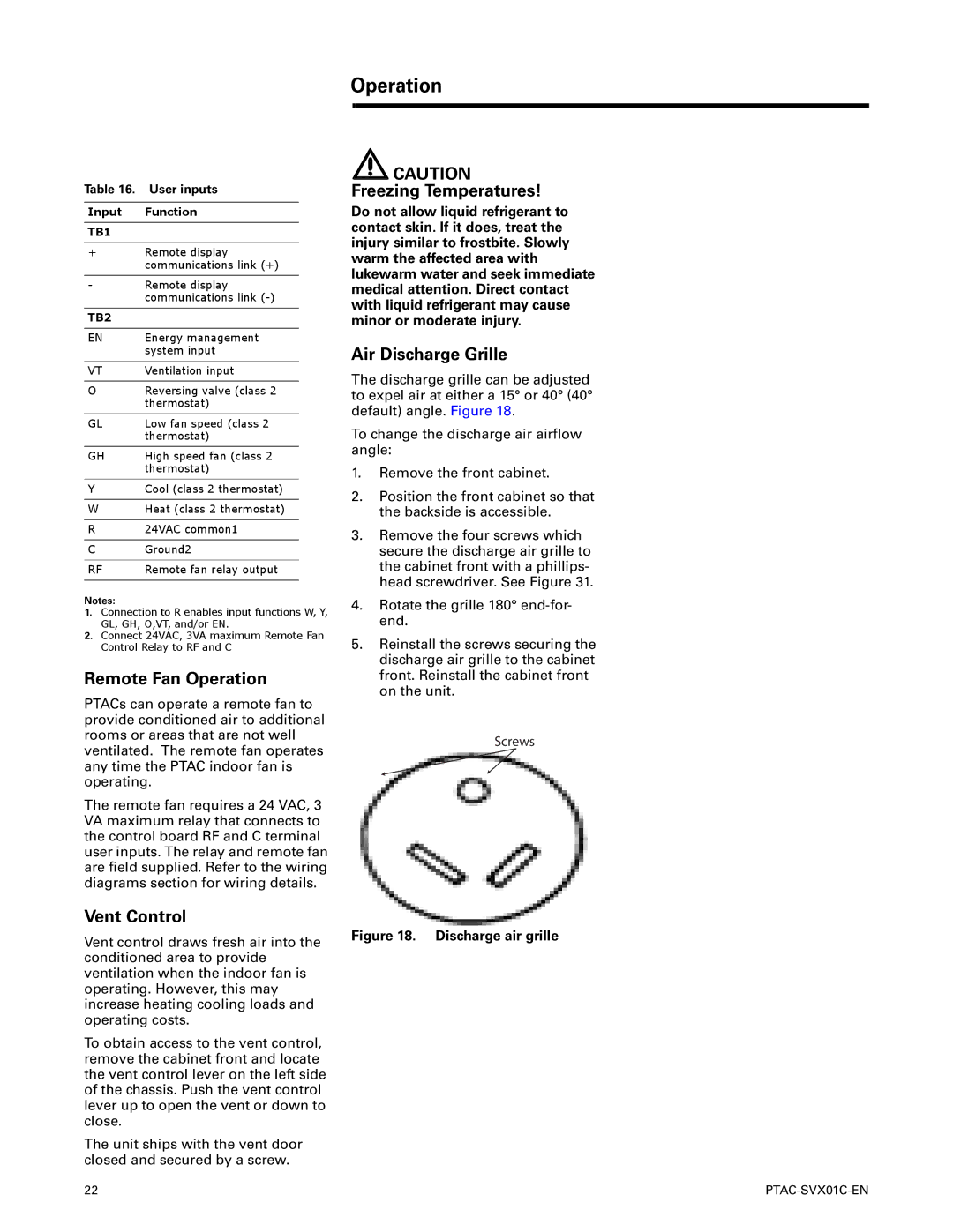 Trane PTAC-SVX01C-EN manual Remote Fan Operation, Vent Control, Air Discharge Grille, User inputs 