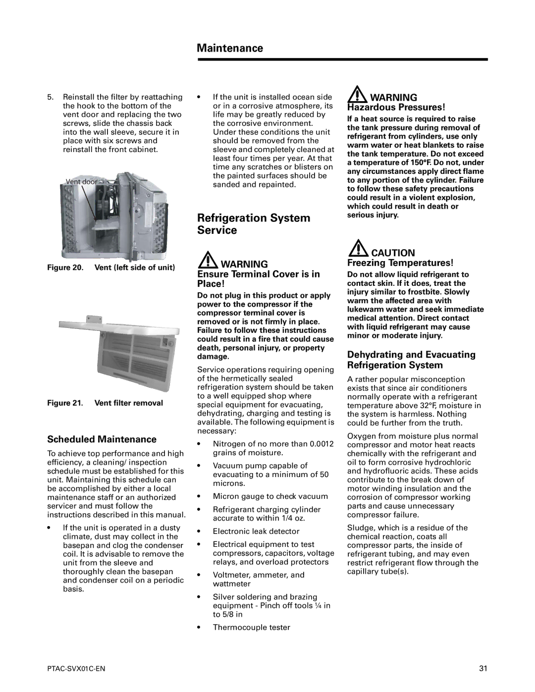 Trane PTAC-SVX01C-EN manual Maintenance, Refrigeration System Service 