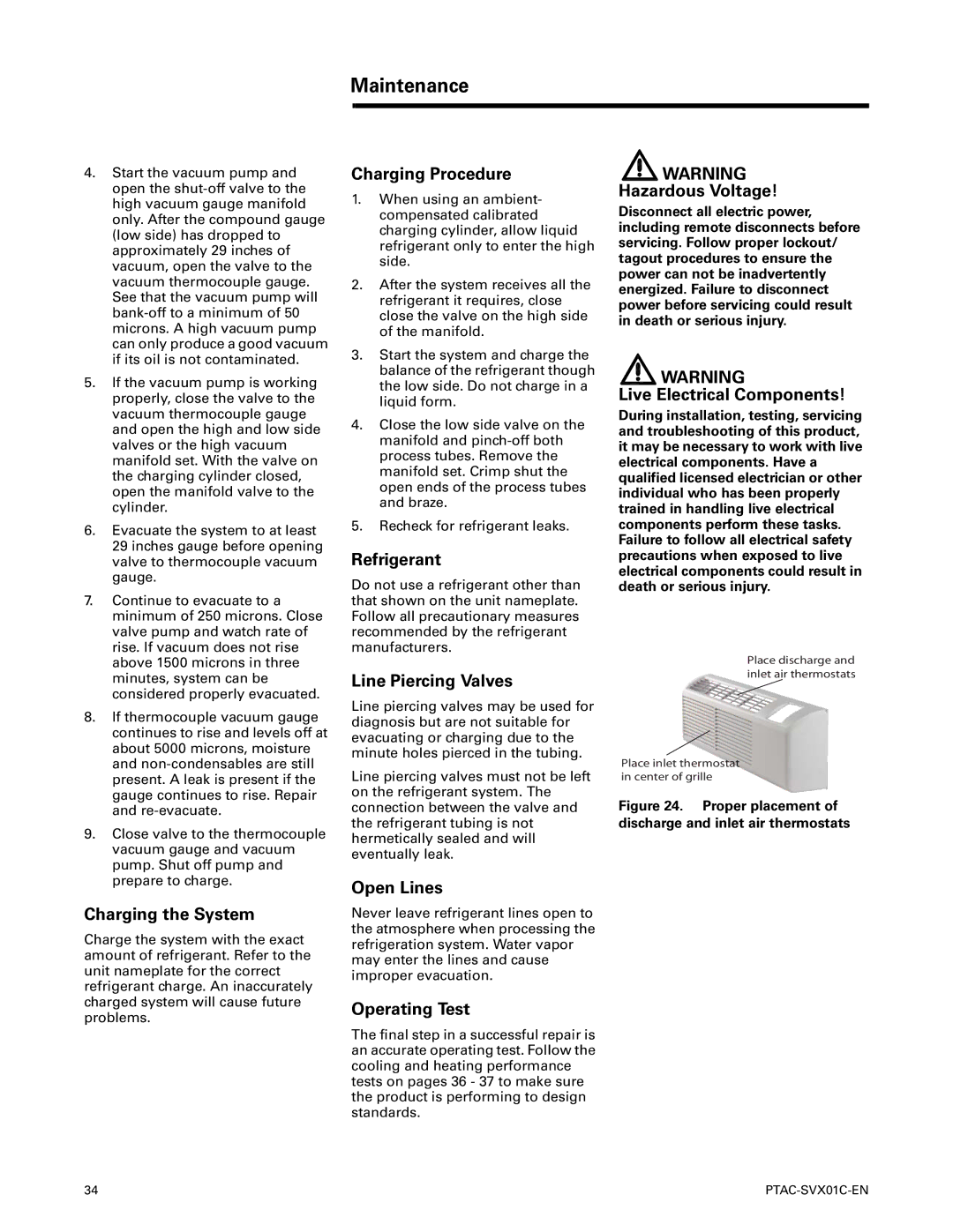 Trane PTAC-SVX01C-EN manual Charging the System, Charging Procedure, Refrigerant, Line Piercing Valves, Open Lines 