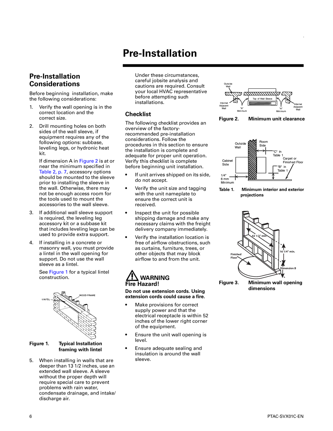 Trane PTAC-SVX01C-EN manual Pre-Installation Considerations, Checklist, Fire Hazard 