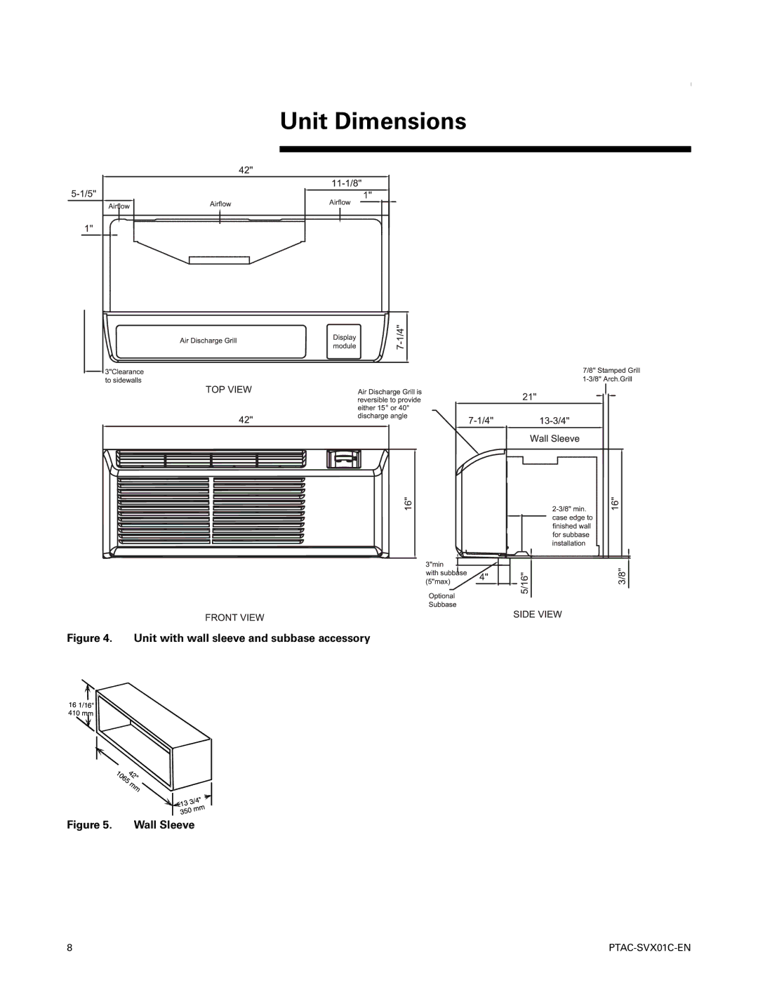 Trane PTAC-SVX01C-EN manual Unit Dimensions, Unit with wall sleeve and subbase accessory Wall Sleeve 