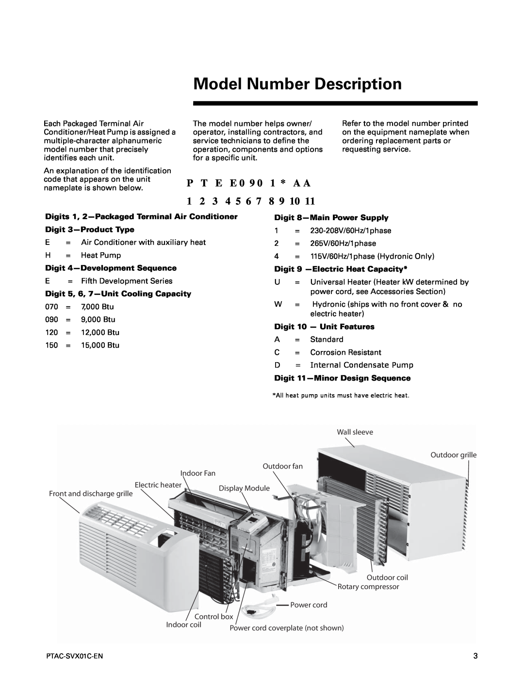 Trane PTAC-SVX01C-EN manual Model Number Description, P T E E 0 9 0 1 * A A, 4 5 6, 8 9 10, Indoor Fan, Electric heater 