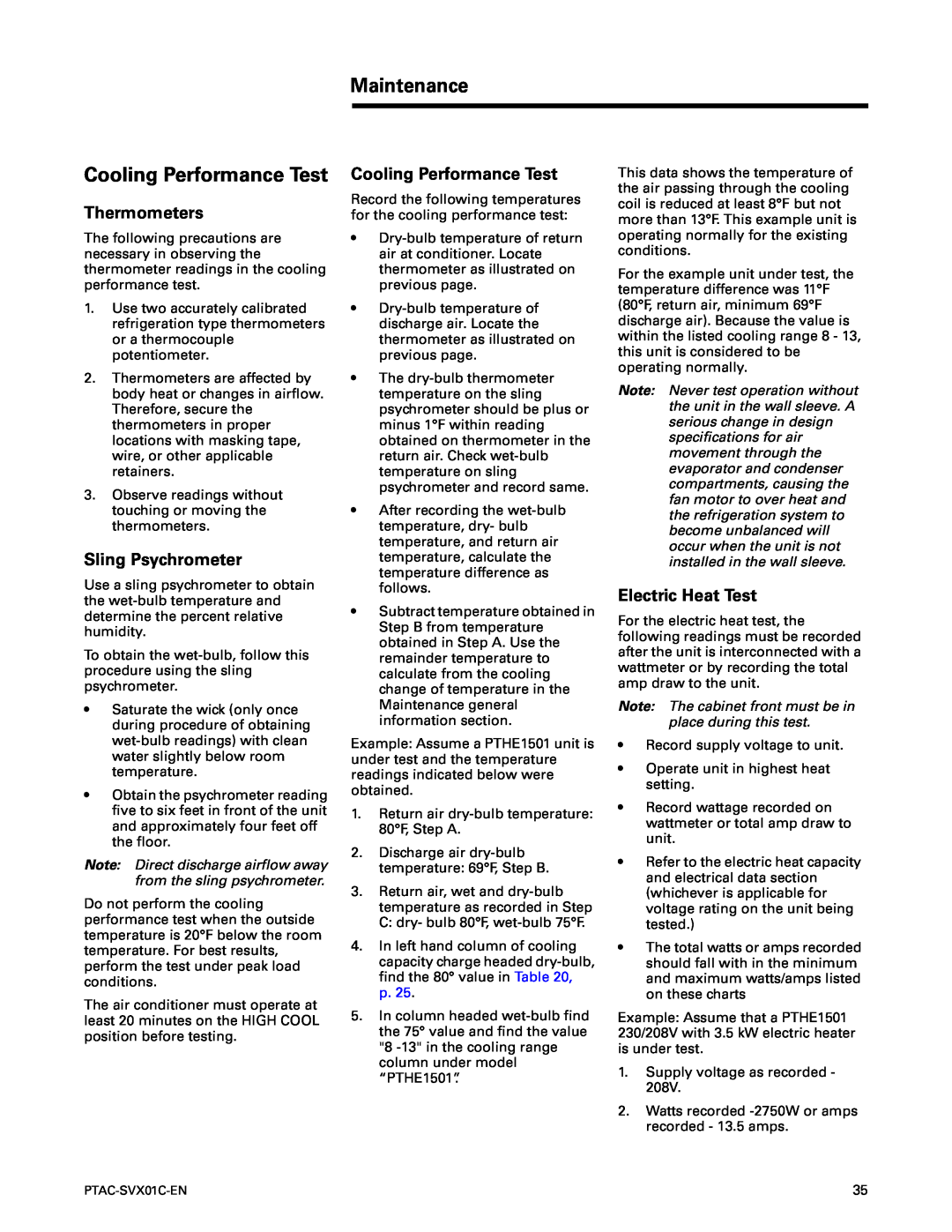 Trane PTAC-SVX01C-EN manual Cooling Performance Test, Thermometers, Sling Psychrometer, Electric Heat Test, Maintenance 