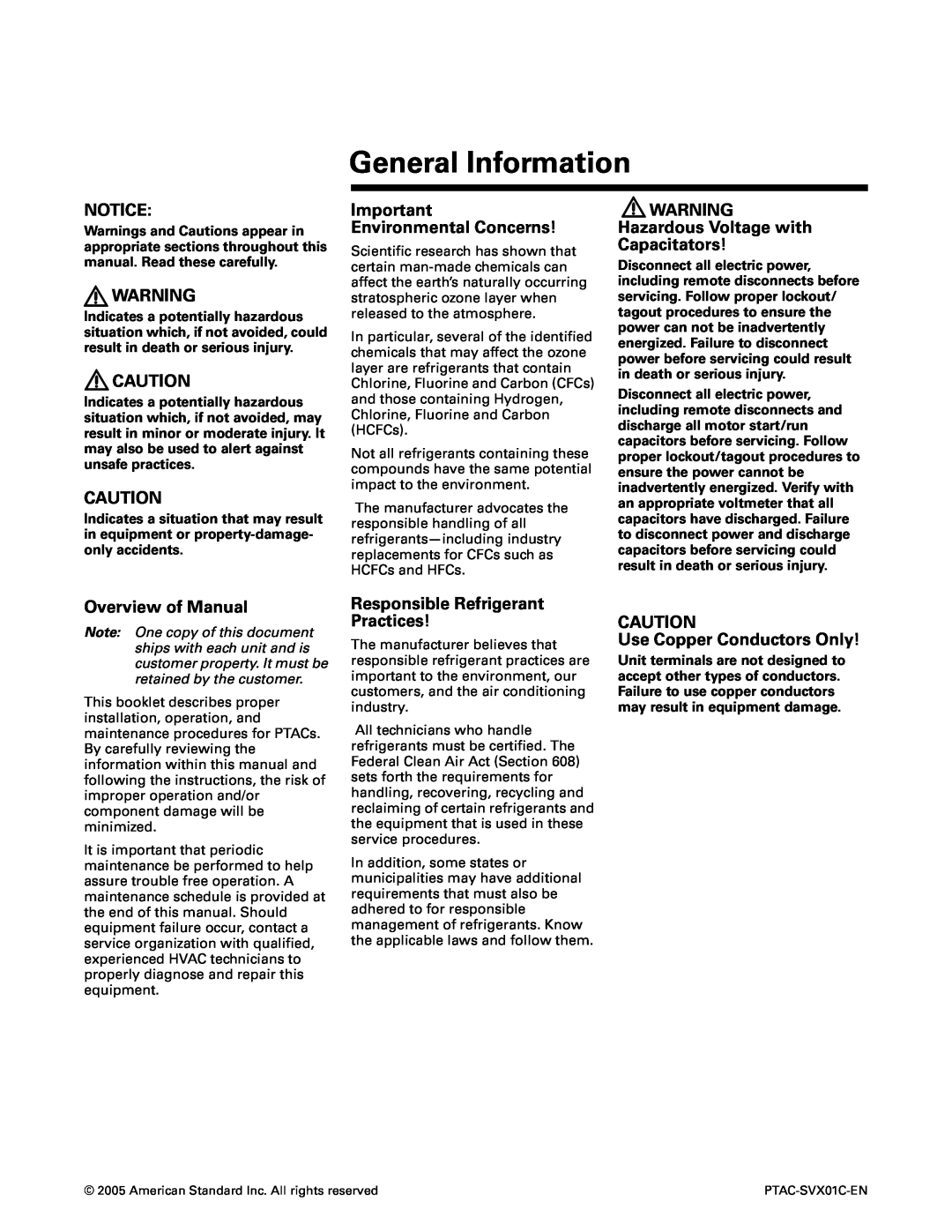 Trane PTAC-SVX01C-EN manual General Information, Notice, Important Environmental Concerns, Overview of Manual 
