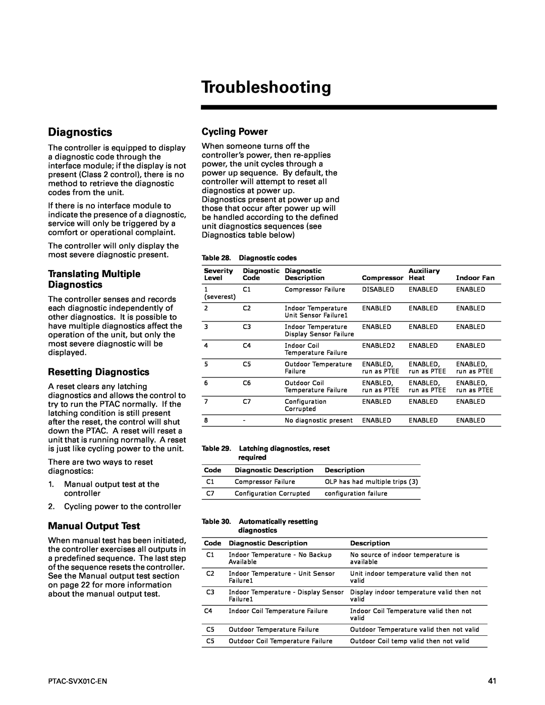 Trane PTAC-SVX01C-EN Troubleshooting, Translating Multiple Diagnostics, Resetting Diagnostics, Manual Output Test 