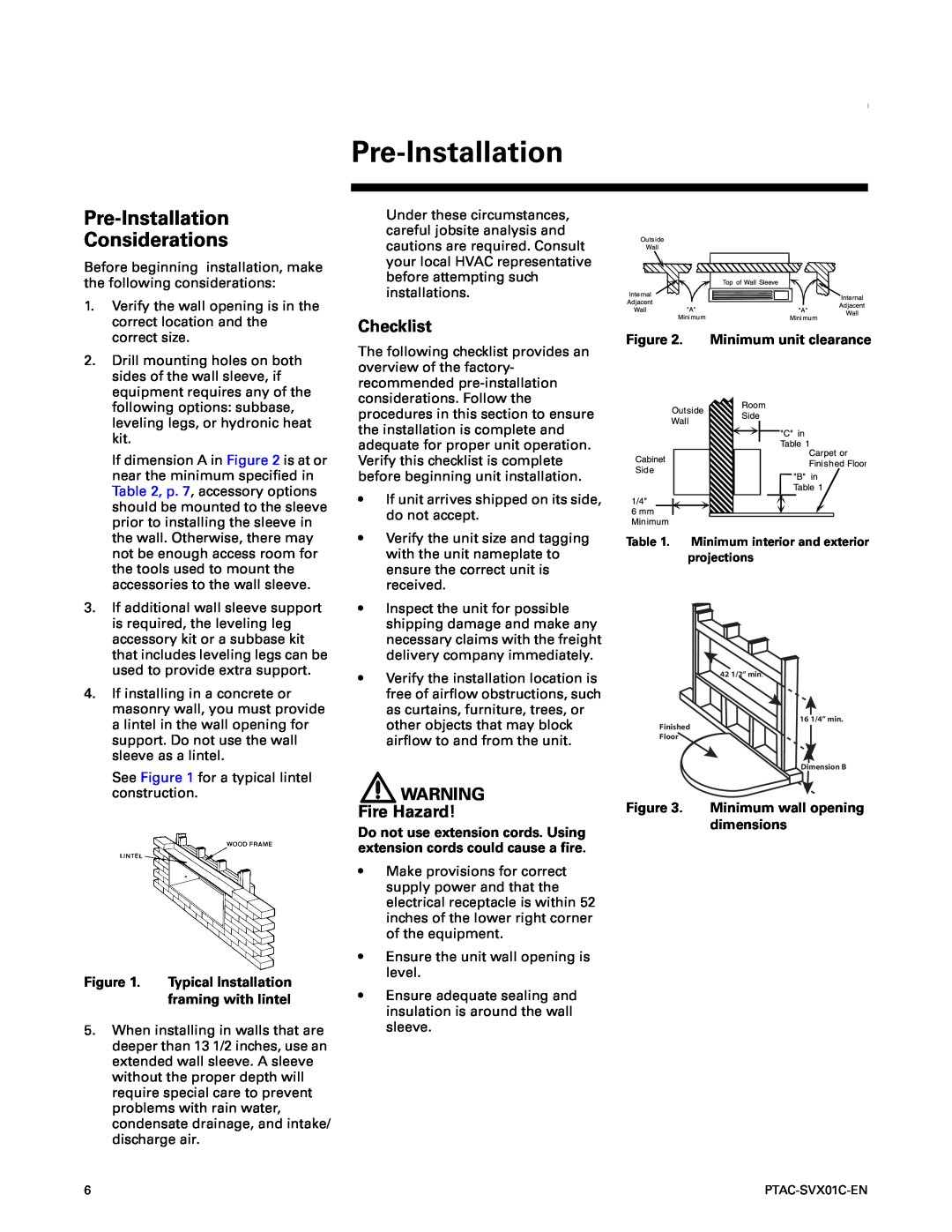 Trane PTAC-SVX01C-EN manual Pre-Installation Considerations, Checklist, Fire Hazard 