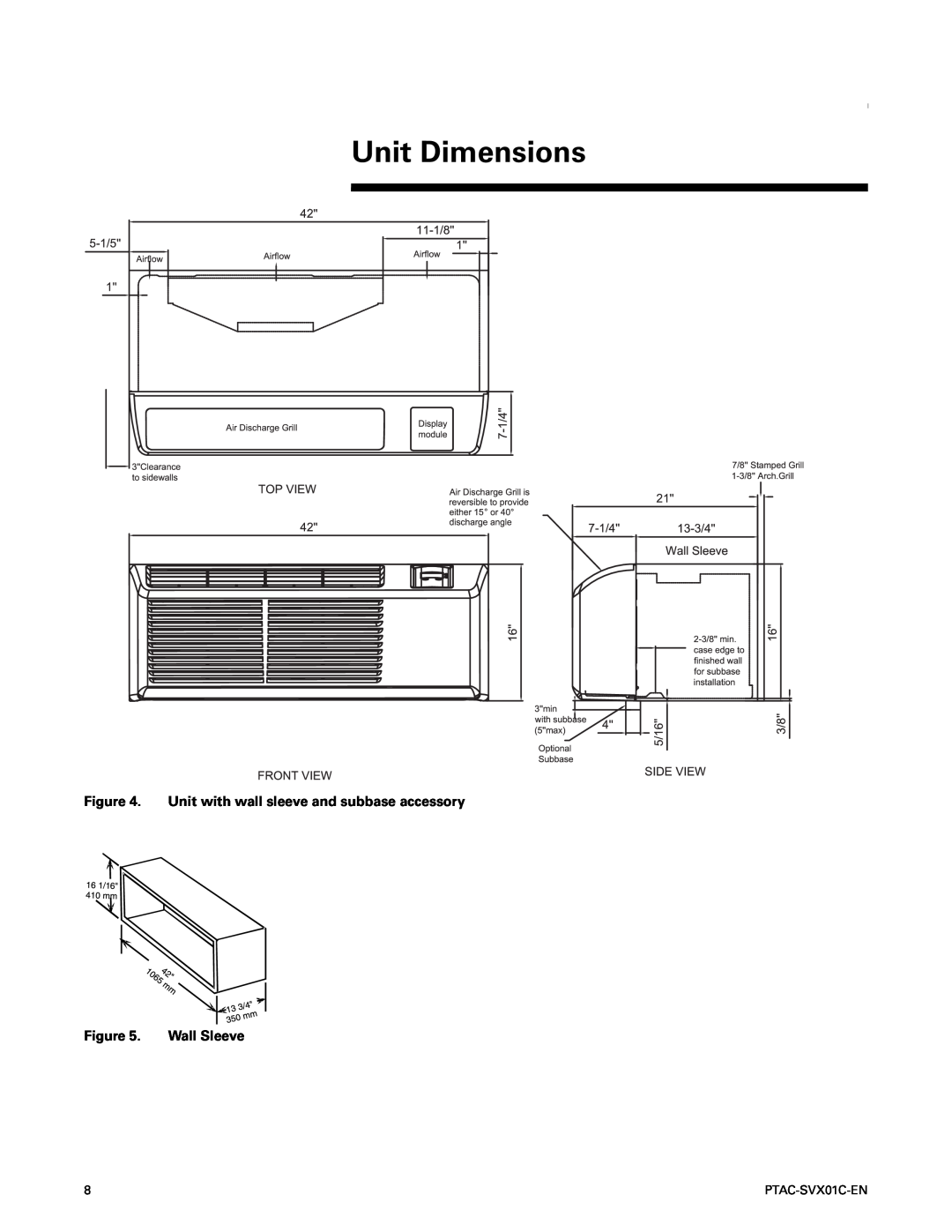 Trane PTAC-SVX01C-EN manual Unit Dimensions, Figure, Wall Sleeve 