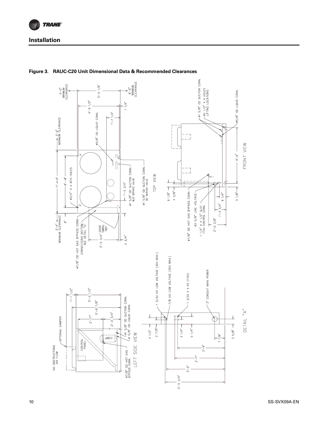 Trane RAUC-C40, RAUC-C50, RAUC-C30, RAUC-C60, RAUC-C25 manual RAUC-C20 Unit Dimensional Data & Recommended Clearances 