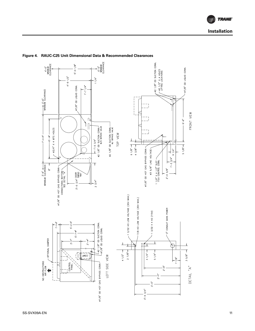 Trane RAUC-C50, RAUC-C30, RAUC-C60, RAUC-C20, RAUC-C40 manual RAUC-C25 Unit Dimensional Data & Recommended Clearances 