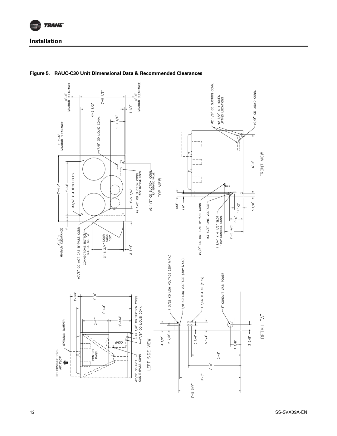 Trane RAUC-C50, RAUC-C60, RAUC-C20, RAUC-C40, RAUC-C25 manual RAUC-C30 Unit Dimensional Data & Recommended Clearances 