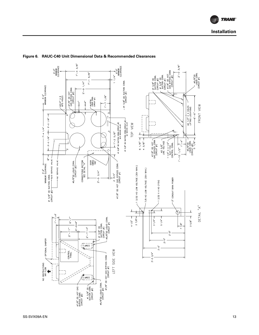 Trane RAUC-C30, RAUC-C50, RAUC-C60, RAUC-C20, RAUC-C25 manual RAUC-C40 Unit Dimensional Data & Recommended Clearances 