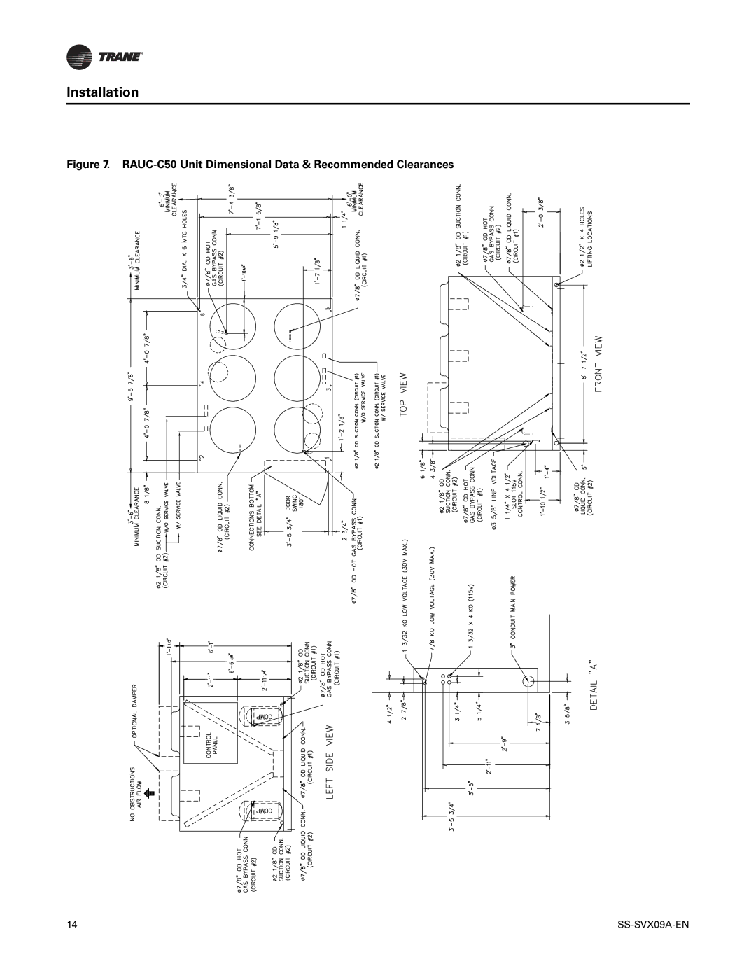 Trane RAUC-C60, RAUC-C30, RAUC-C20, RAUC-C40, RAUC-C25 manual RAUC-C50 Unit Dimensional Data & Recommended Clearances 