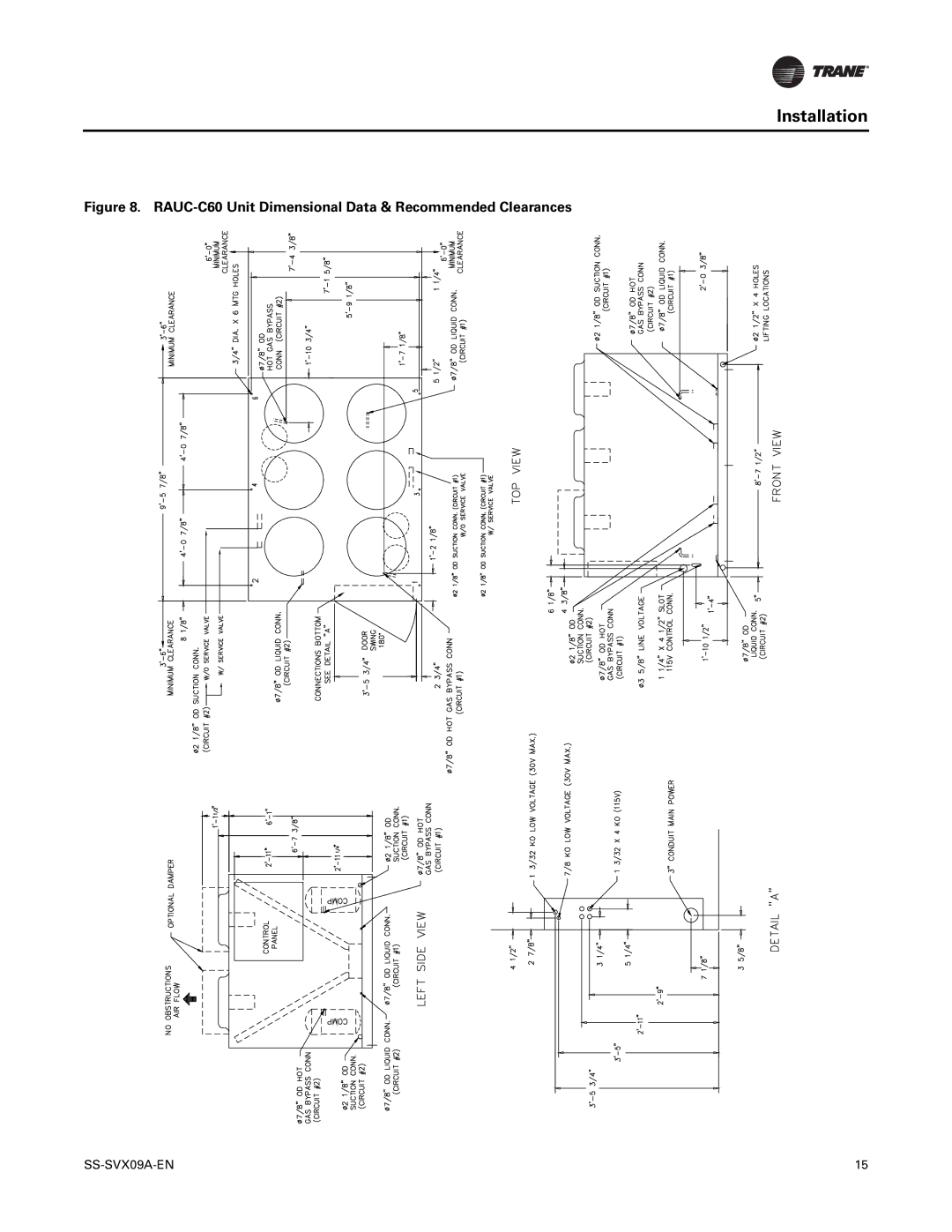 Trane RAUC-C20, RAUC-C50, RAUC-C30, RAUC-C40, RAUC-C25 manual RAUC-C60 Unit Dimensional Data & Recommended Clearances 