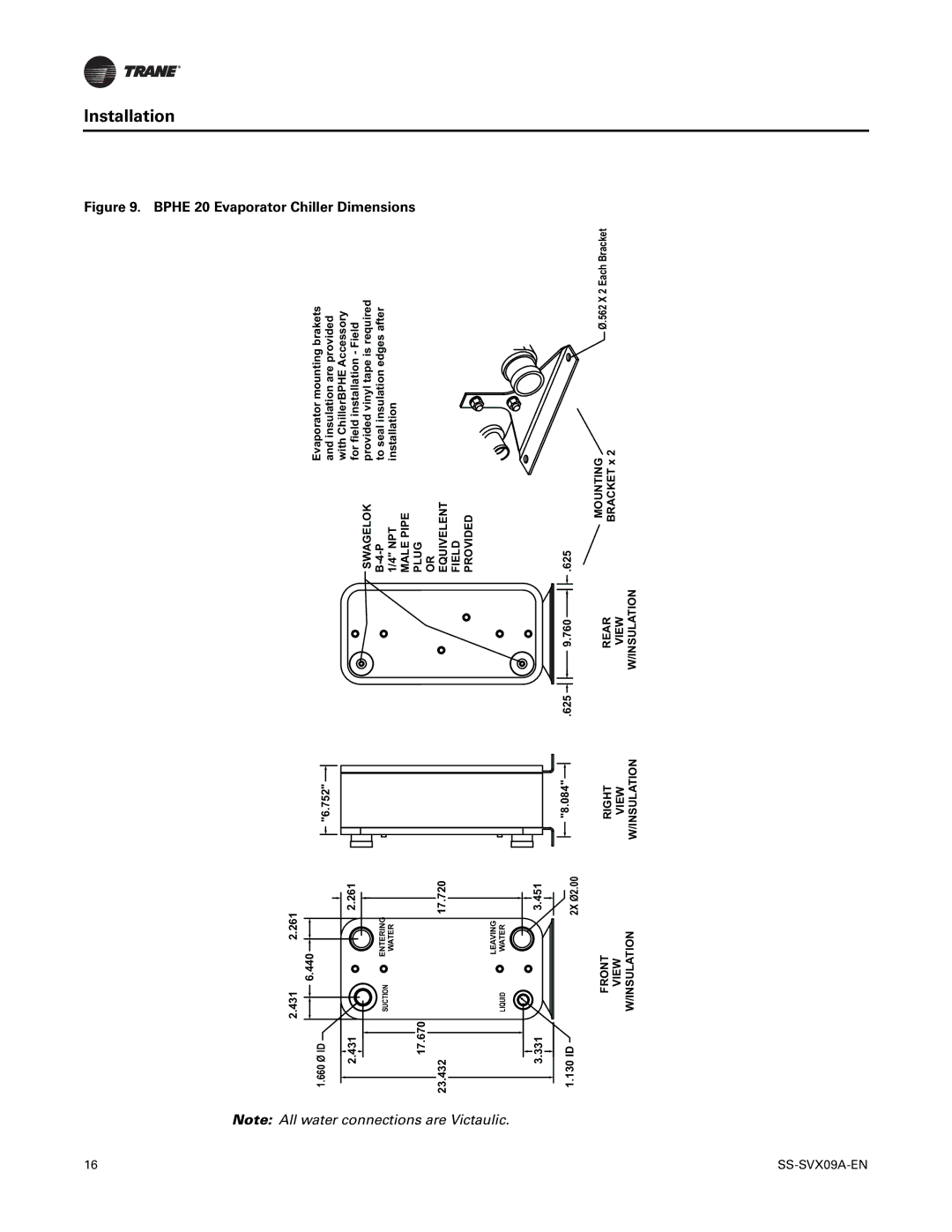 Trane RAUC-C40, RAUC-C50, RAUC-C30, RAUC-C60, RAUC-C20, RAUC-C25 manual Bphe 20 Evaporator Chiller Dimensions 