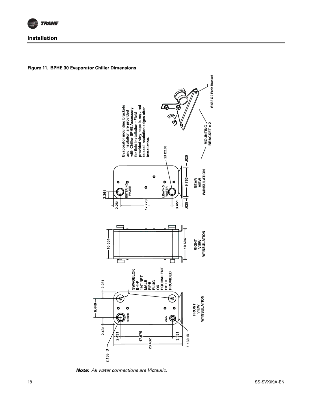 Trane RAUC-C50, RAUC-C30, RAUC-C60, RAUC-C20, RAUC-C40, RAUC-C25 manual Bphe 30 Evaporator Chiller Dimensions 