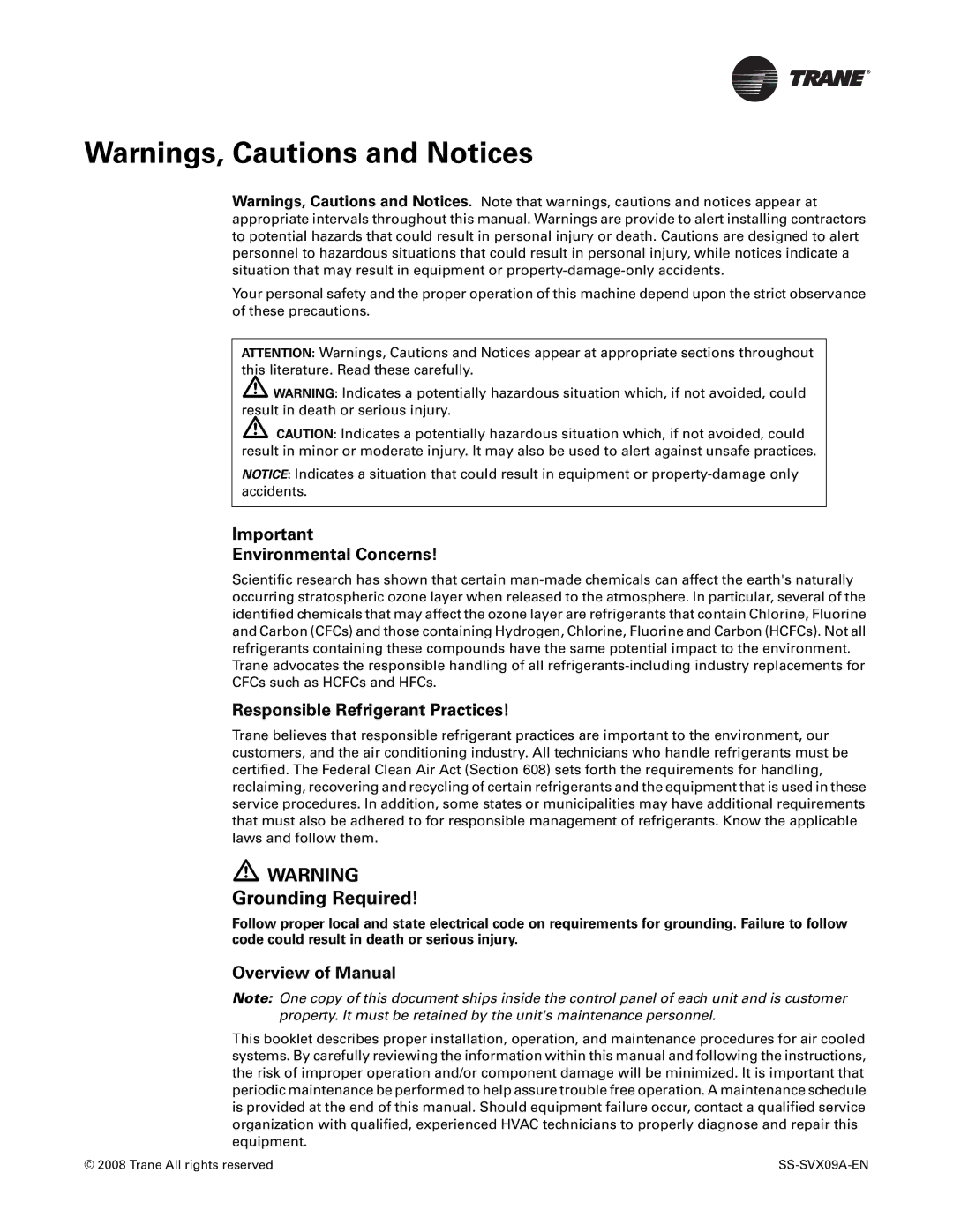 Trane RAUC-C60, RAUC-C50 Grounding Required, Environmental Concerns, Responsible Refrigerant Practices, Overview of Manual 