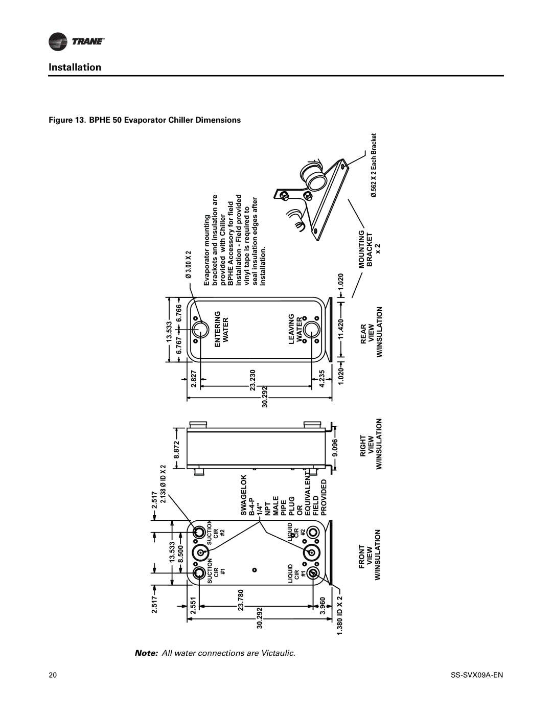 Trane RAUC-C60, RAUC-C50, RAUC-C30, RAUC-C20, RAUC-C40, RAUC-C25 manual Bphe 50 Evaporator Chiller Dimensions 