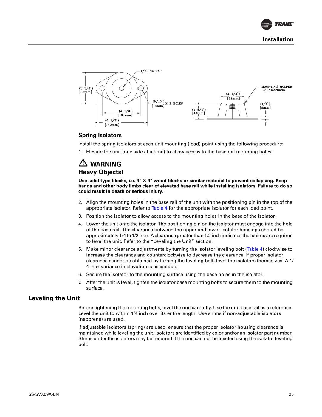 Trane RAUC-C30, RAUC-C50, RAUC-C60, RAUC-C20, RAUC-C40, RAUC-C25 manual Leveling the Unit, Installation Spring Isolators 