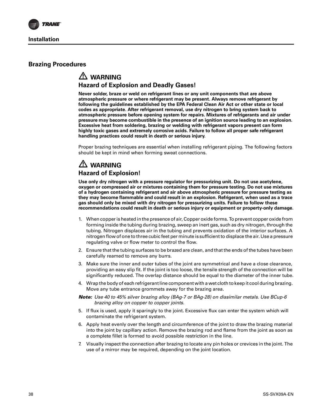 Trane RAUC-C60, RAUC-C50, RAUC-C30, RAUC-C20, RAUC-C40, RAUC-C25 manual Brazing Procedures Hazard of Explosion and Deadly Gases 