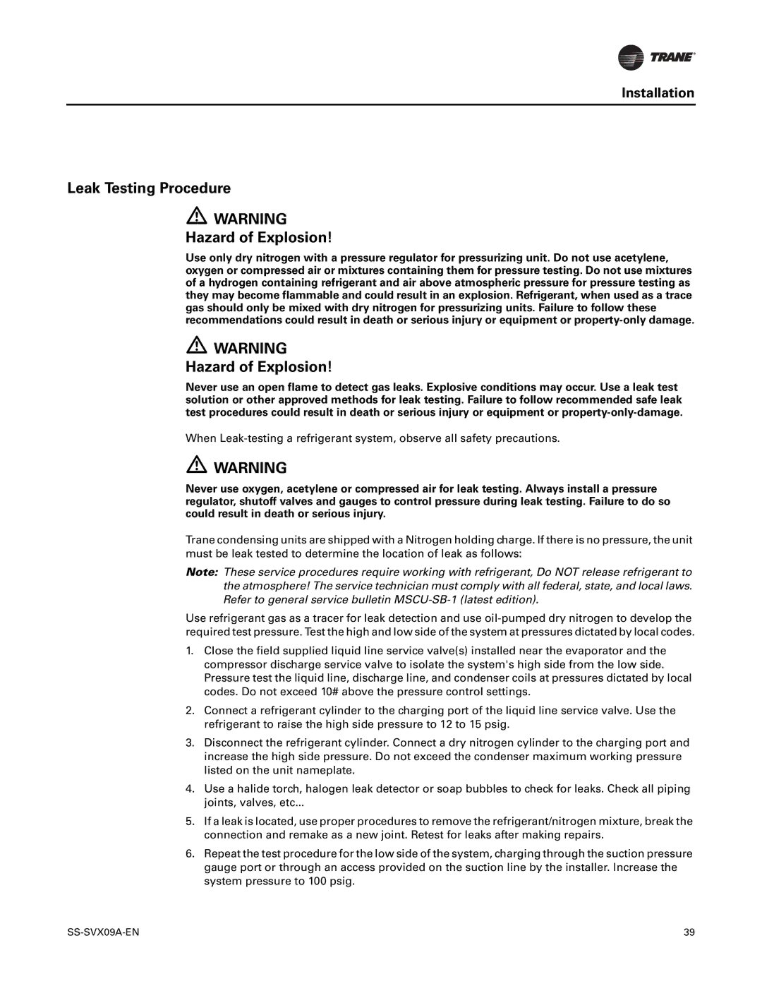 Trane RAUC-C20, RAUC-C50, RAUC-C30, RAUC-C60, RAUC-C40, RAUC-C25 manual Leak Testing Procedure Hazard of Explosion 